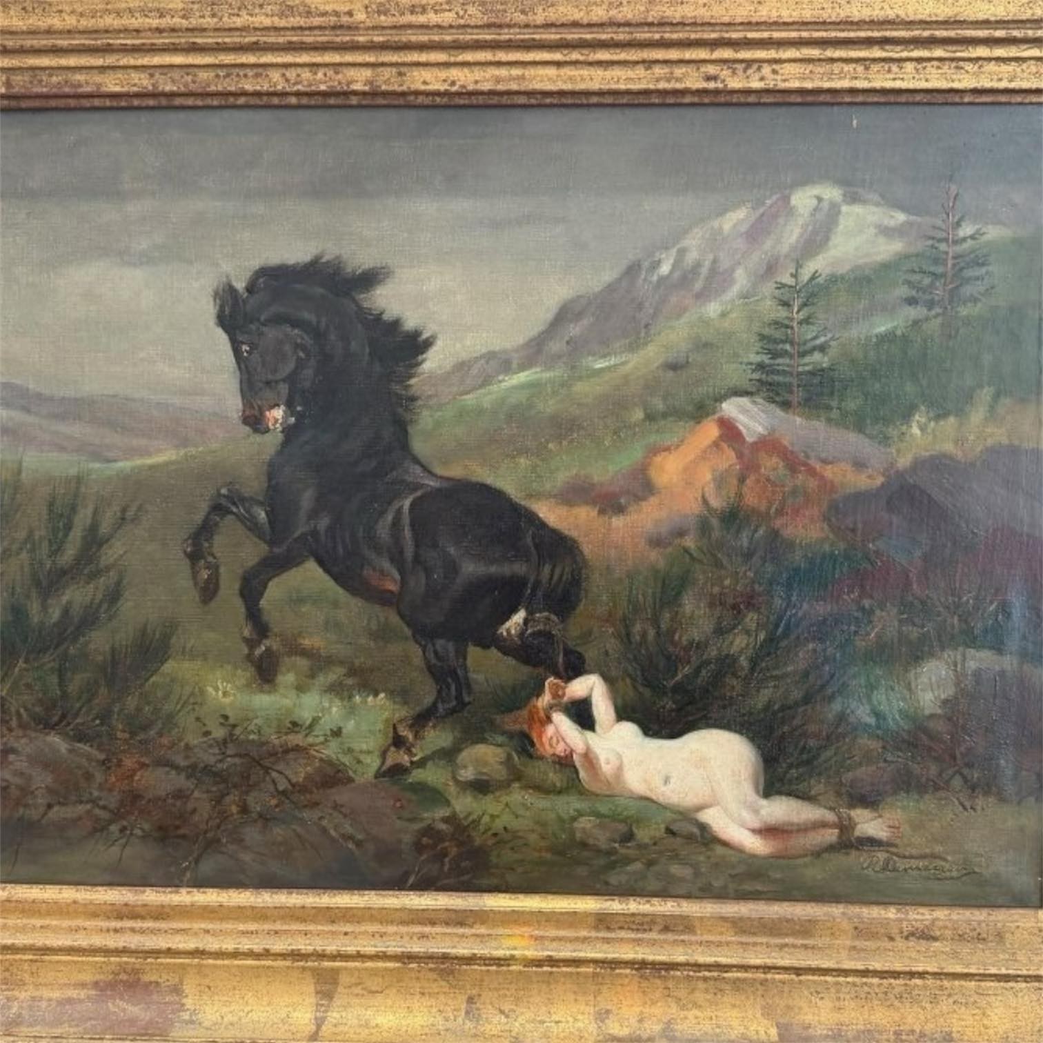 Antique Painting Oil Canvas Woman Frame Wood Nude Horse Decor Queen Brunehaut