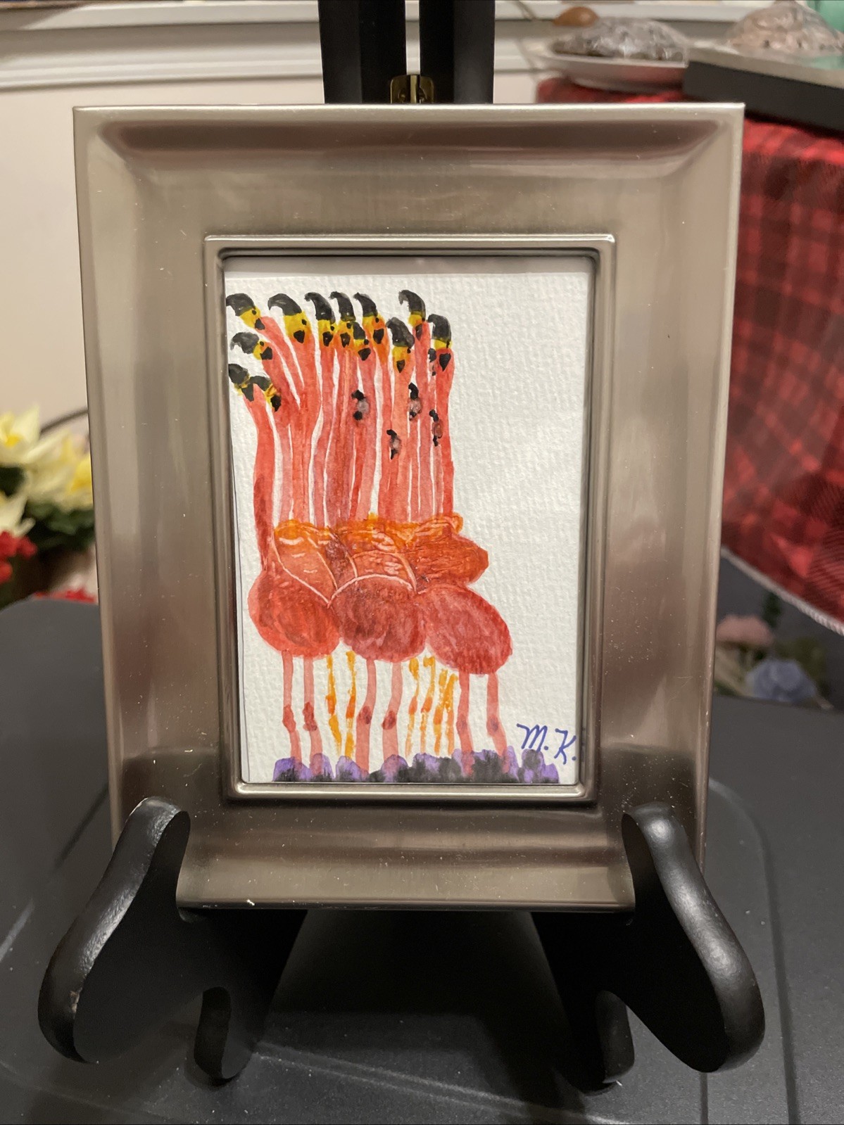 Watercolor painting Of Flamingoes in a Silver frame 5×7 Inches