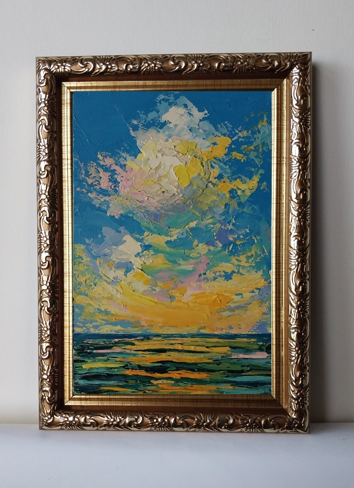 Framed Mini Seascape Golden Sunset Clouds Evening Sea 4×6” Original Oil Painting
