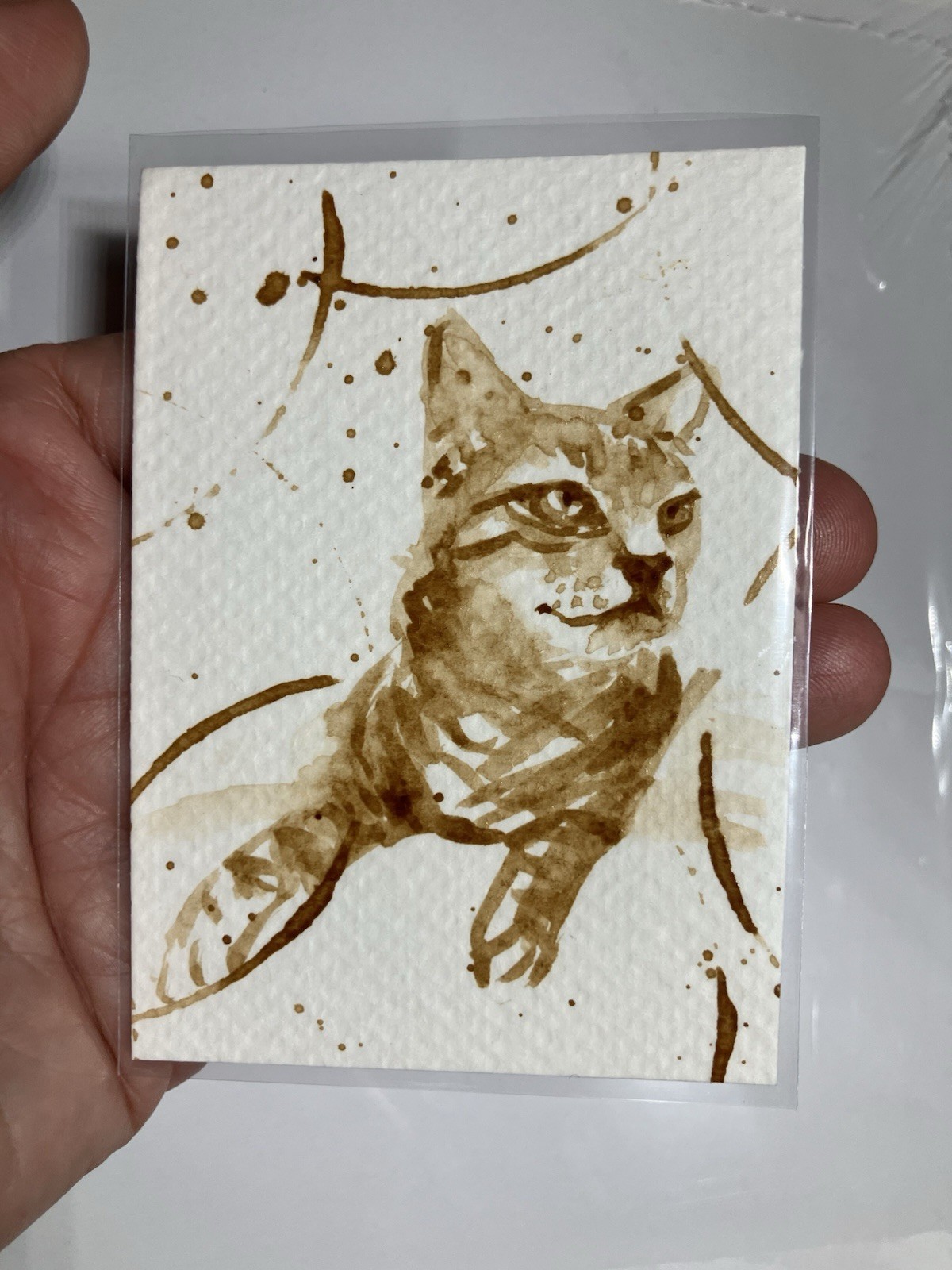 Aceo Original Tabby Cat Coffee Painting Kitten Lover ATC Art Miniature Realism