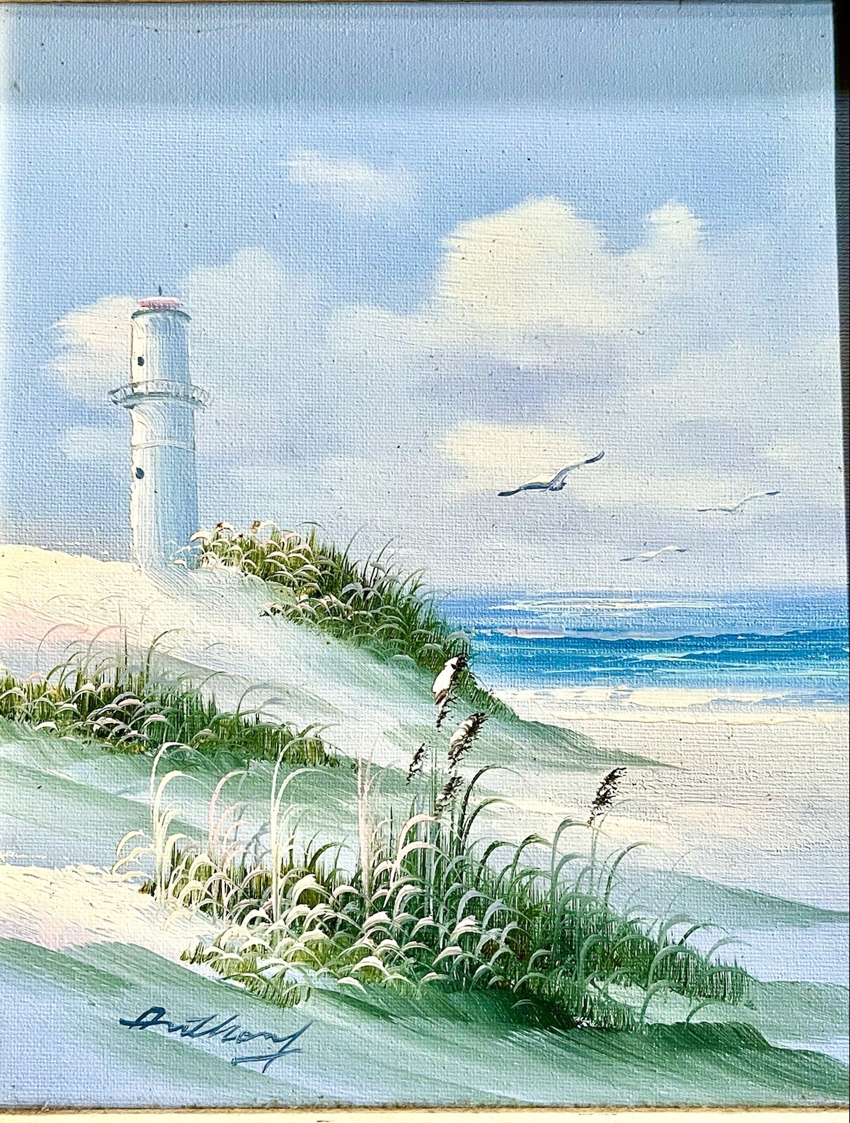Vintge Shades of Blue ORIGINAL Coastal Lighthouse Seascape SIGNED Anthony FRAMED