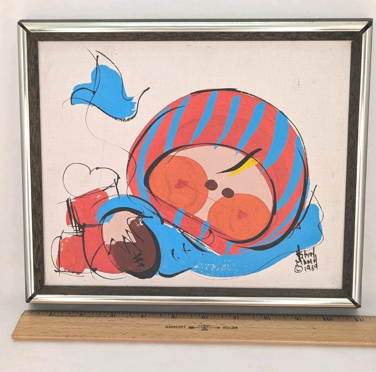 Helyn Mann Signed Painting 1969 Framed Football Player Cartoon Boy Vtg
