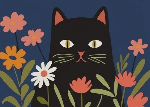 ACEO Mini **Art Print** Black Cat Kitten & Multi Color Flowers by Saulite