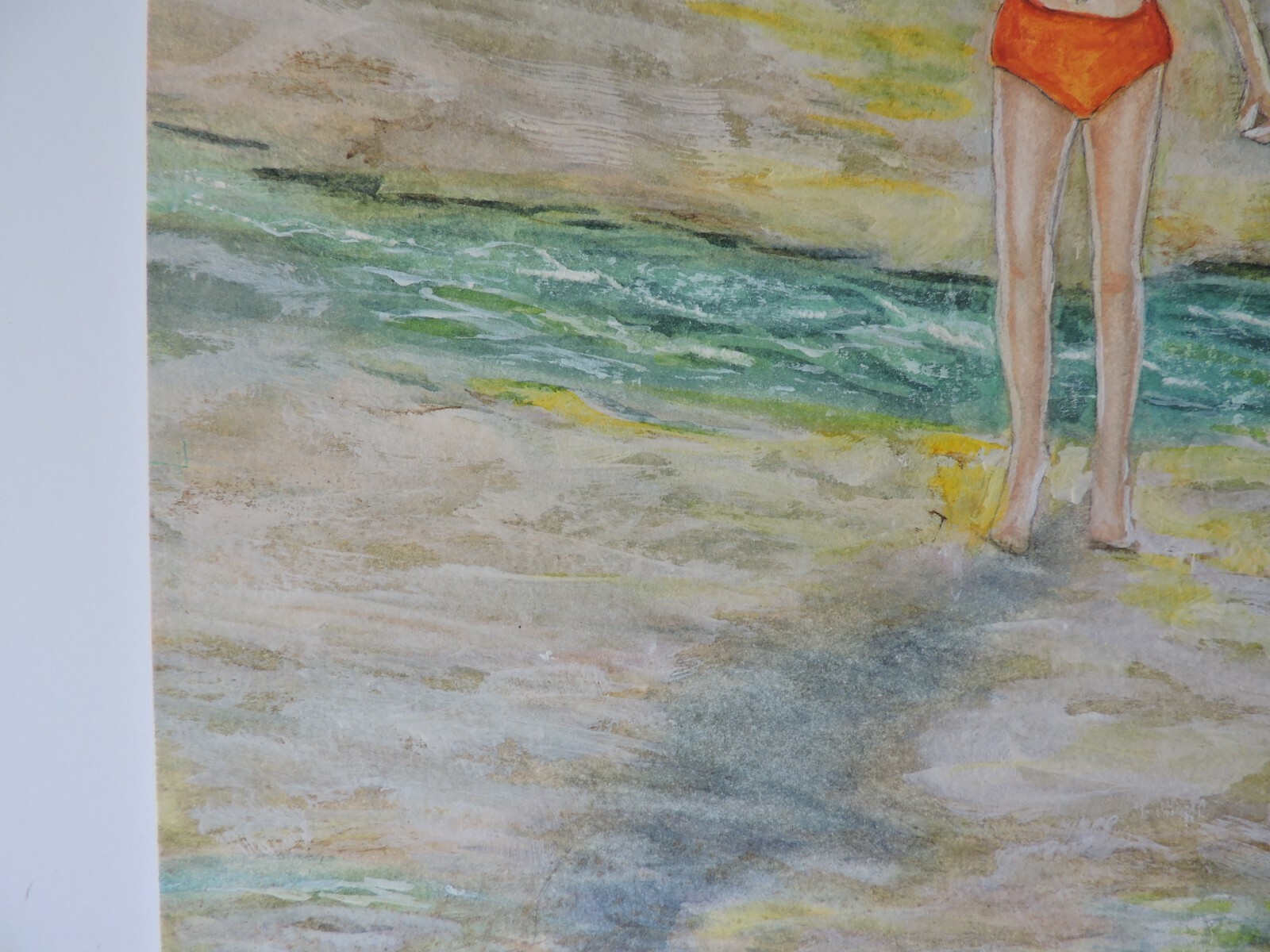 «Finding an Unusual Shell» Original Watercolor Painting Water Beach Girl