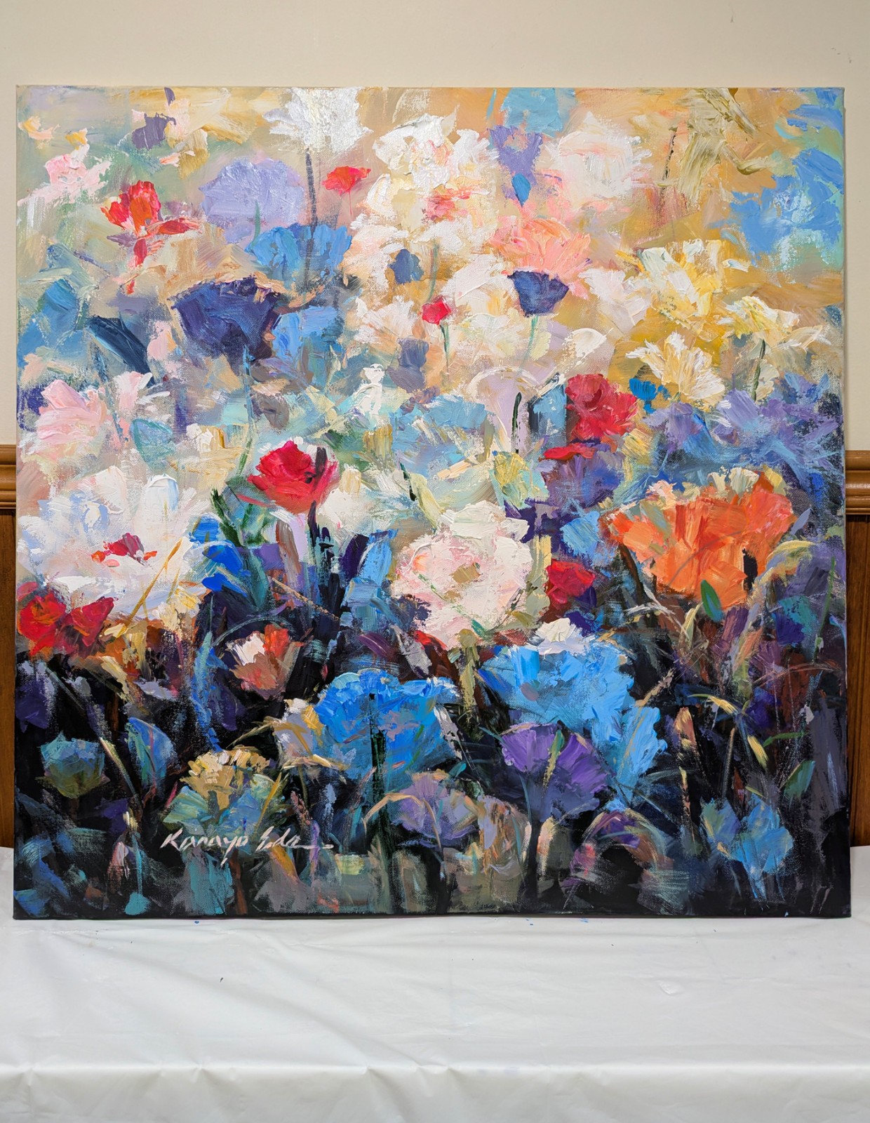 Original blue white red purple flowers acrylic painting on Canvas. 30 in x 30 in