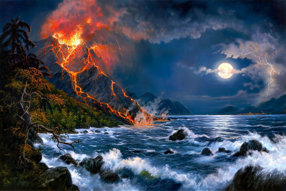 Art Giclee Night Volcano Eruption Oil painting Picture Printed on canvas P127