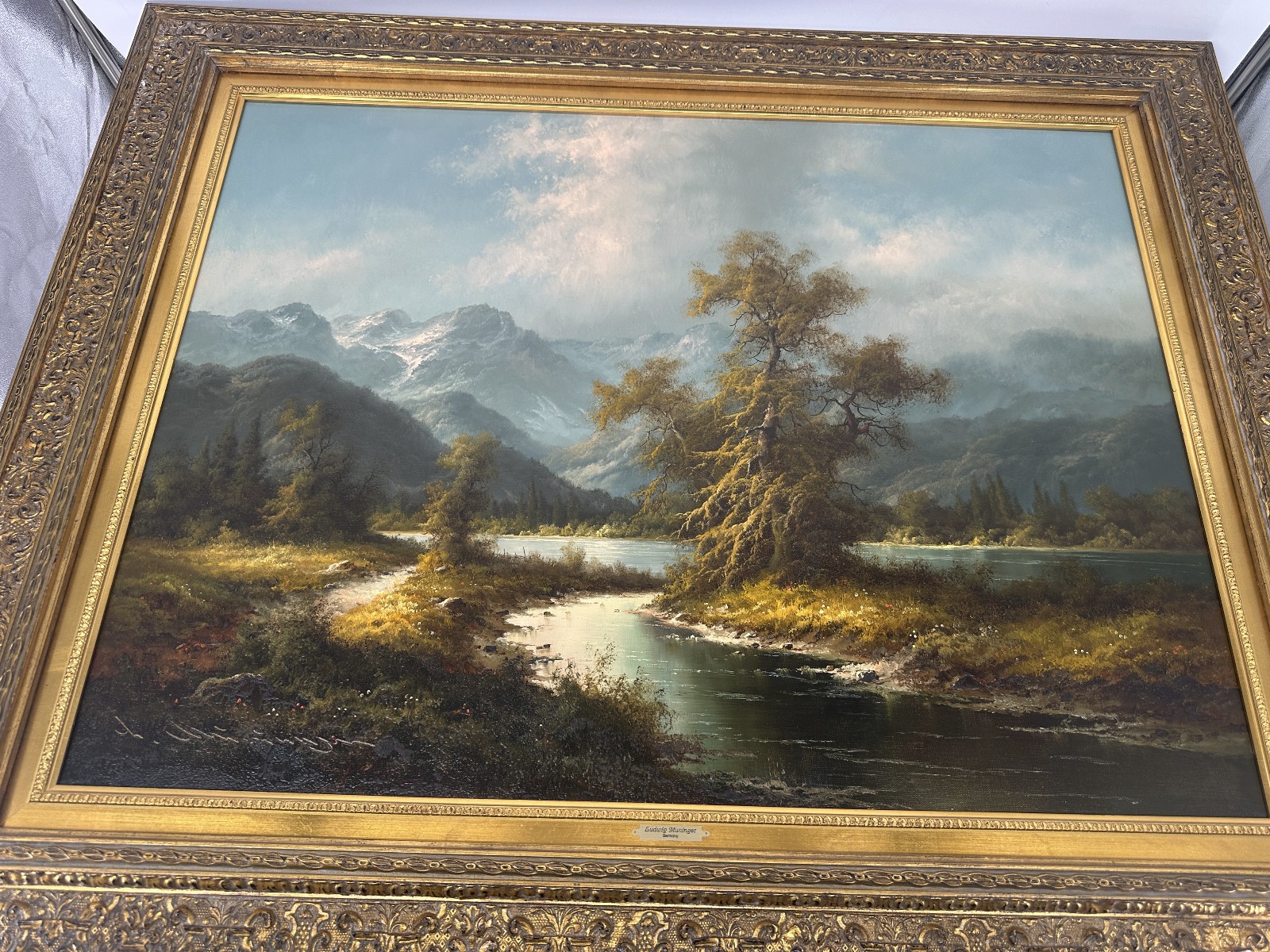 Ludwig Muninger Alpine Landscape Scene Oil Painting Framed 33″ x 41″