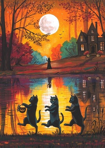 ACEO PRINT OF PAINTING RYTA WITCH BLACK CAT HALLOWEEN HAUNTED HOUSE landscape 🎃