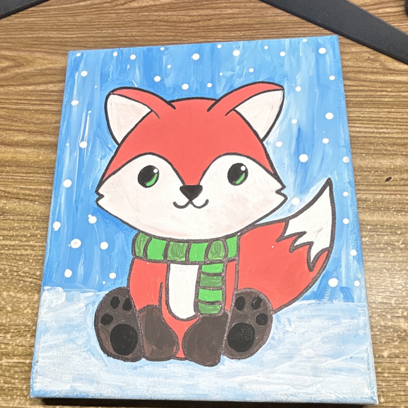 Hand Painted Cartoon Fox Canvas Painting Winter Snow Cute Animal Art Small