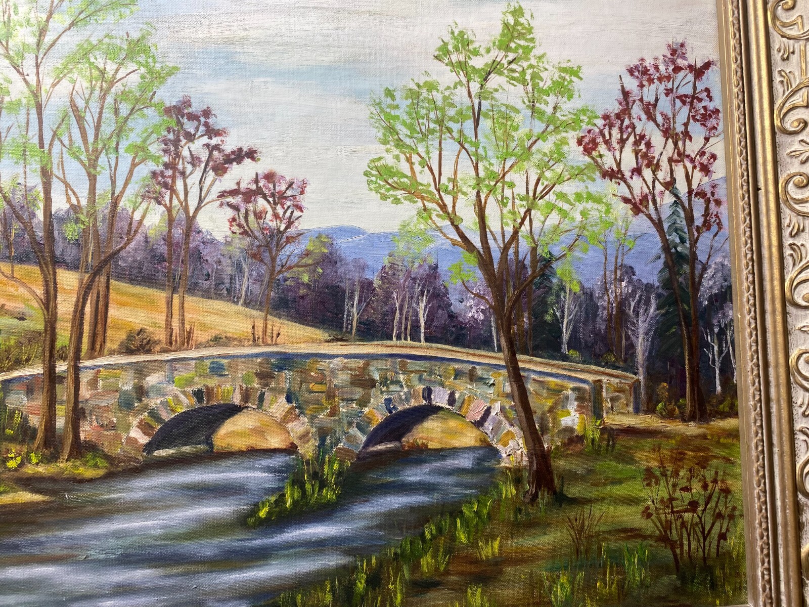 E.W Bailey «Stone Bridge And River Landscape Scene » Oil Painting -Signed/Framed
