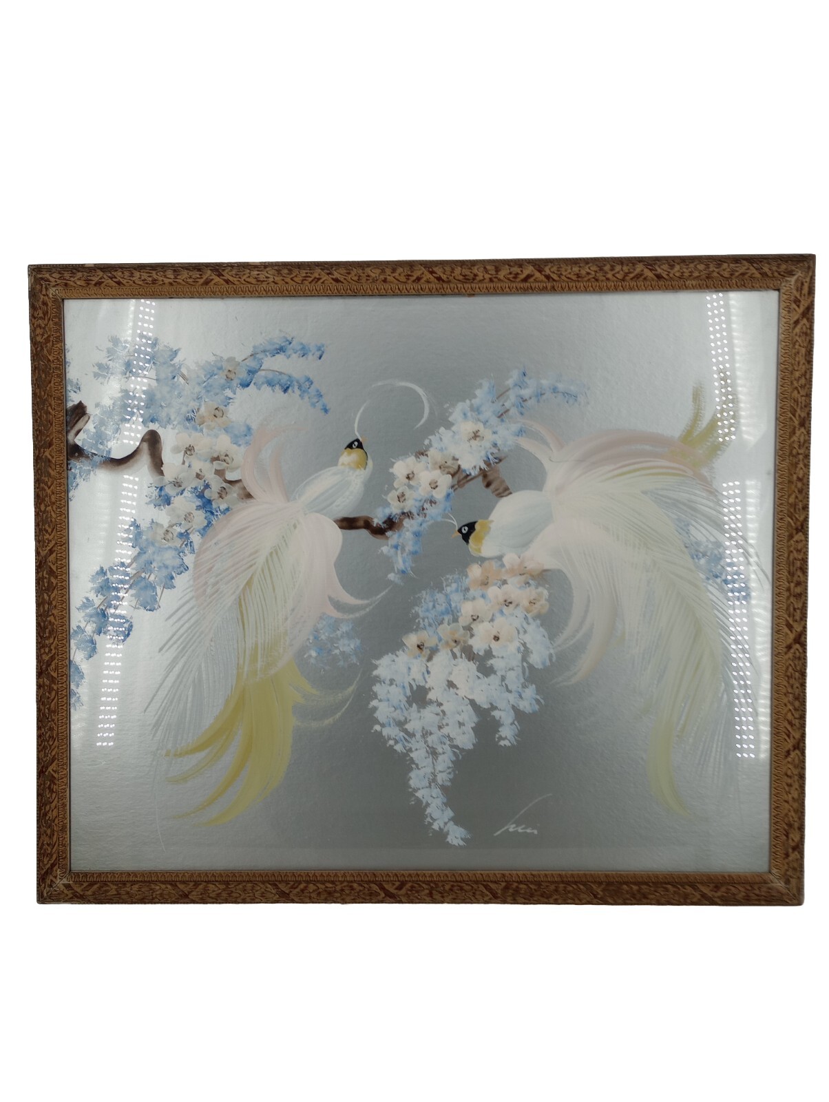 Vintage Signed Oil On Board Birds Of Paradise In Cherry Blossom Tree Framed