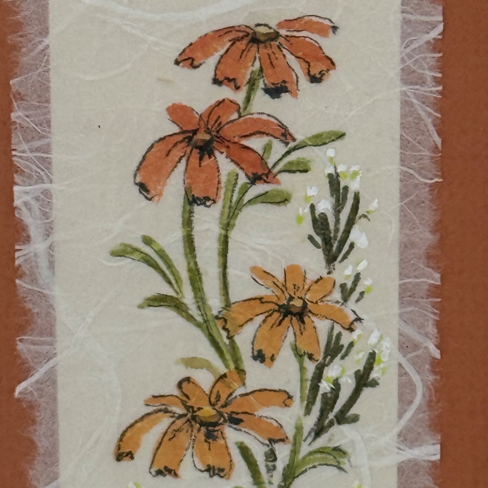 Signed Orange Yellow Floral Ink Watercolor Fibrous Paper Rose Gold Frame 5×12″