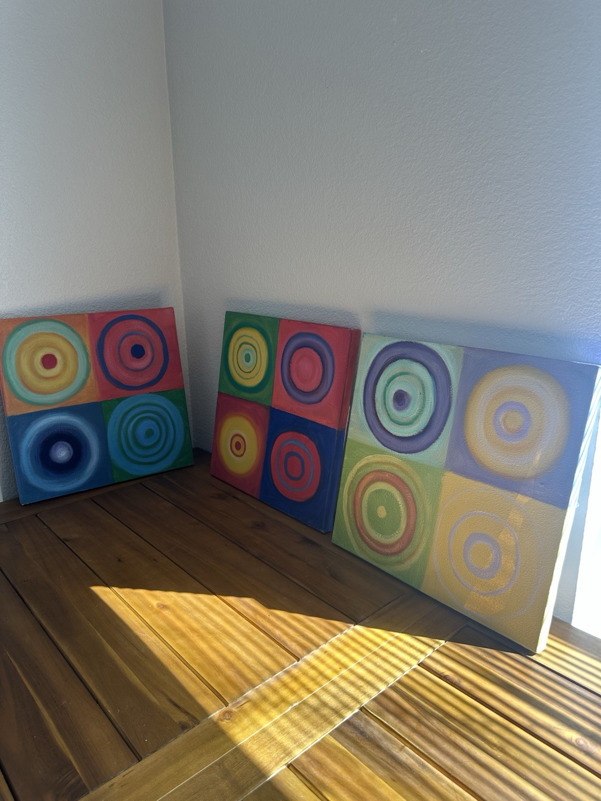 Kandinsky Style Abstract Circles Art Set of 3 Canvas Paintings 16×16 Modern