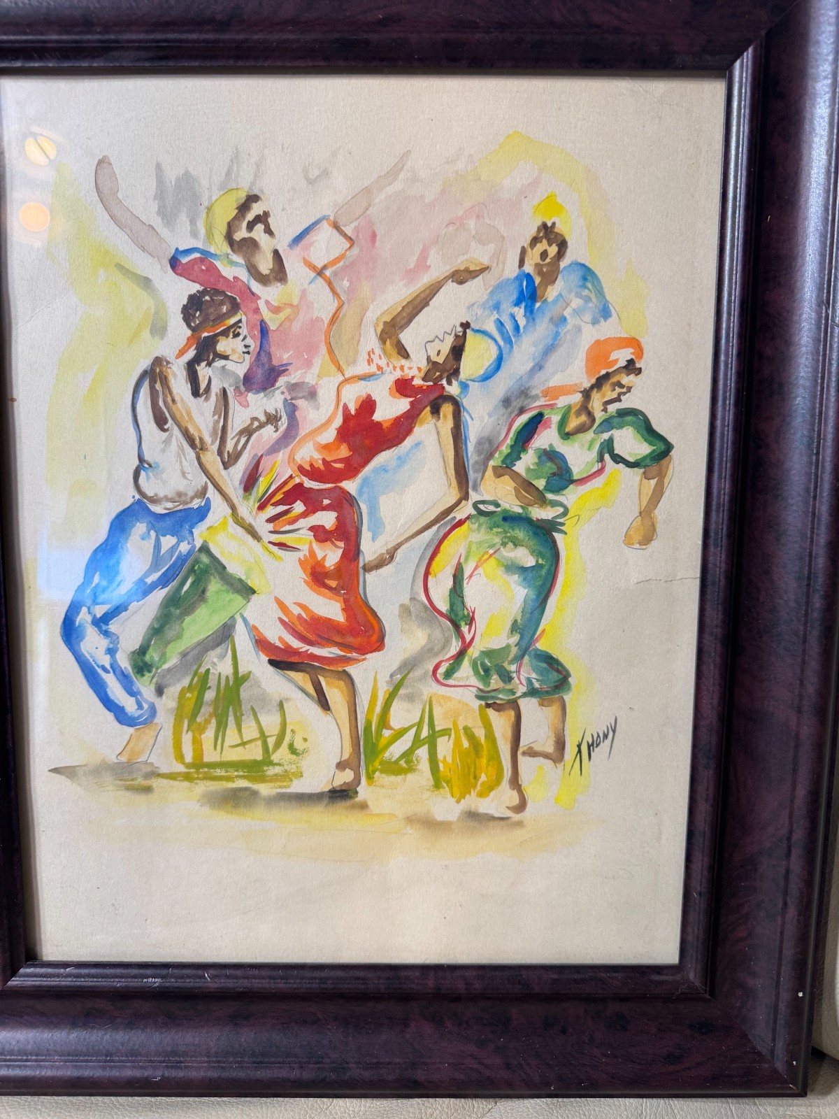 Vintage T Hony «Figures Dancing Scene» Watercolor Painting – Signed And Framed