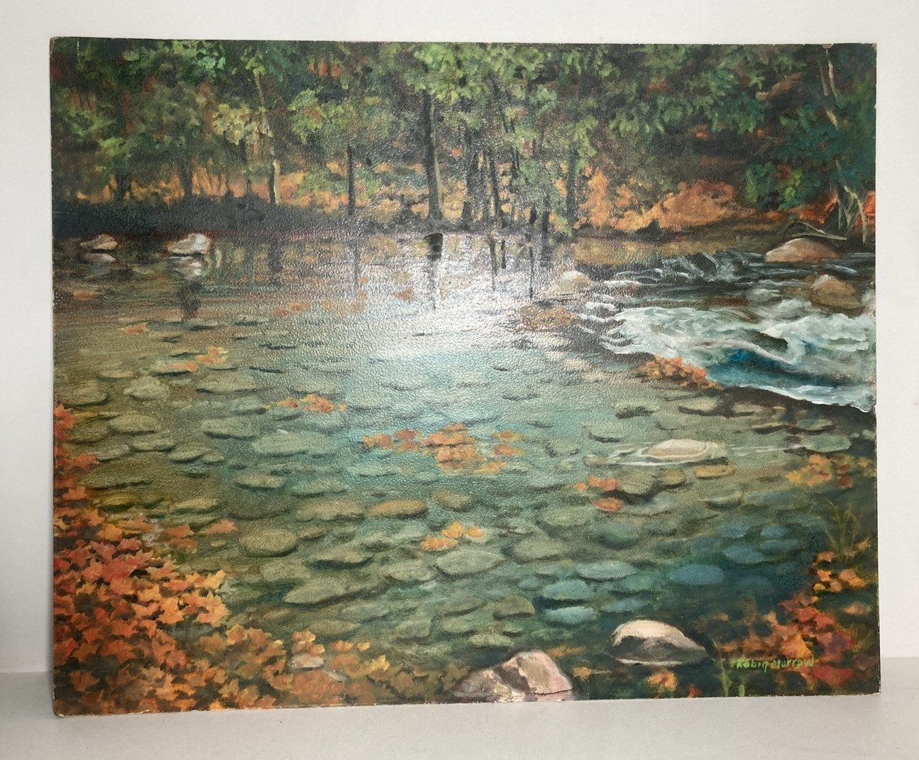 Vintage Original Oil Painting Reflective Forest Pond Fall Leaves Signed 16 X 20