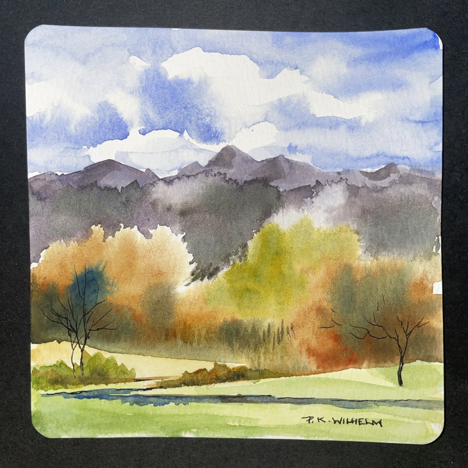 5”x5” Original Watercolor By Pamela Wilhem Creek Mountain Trees Clouds