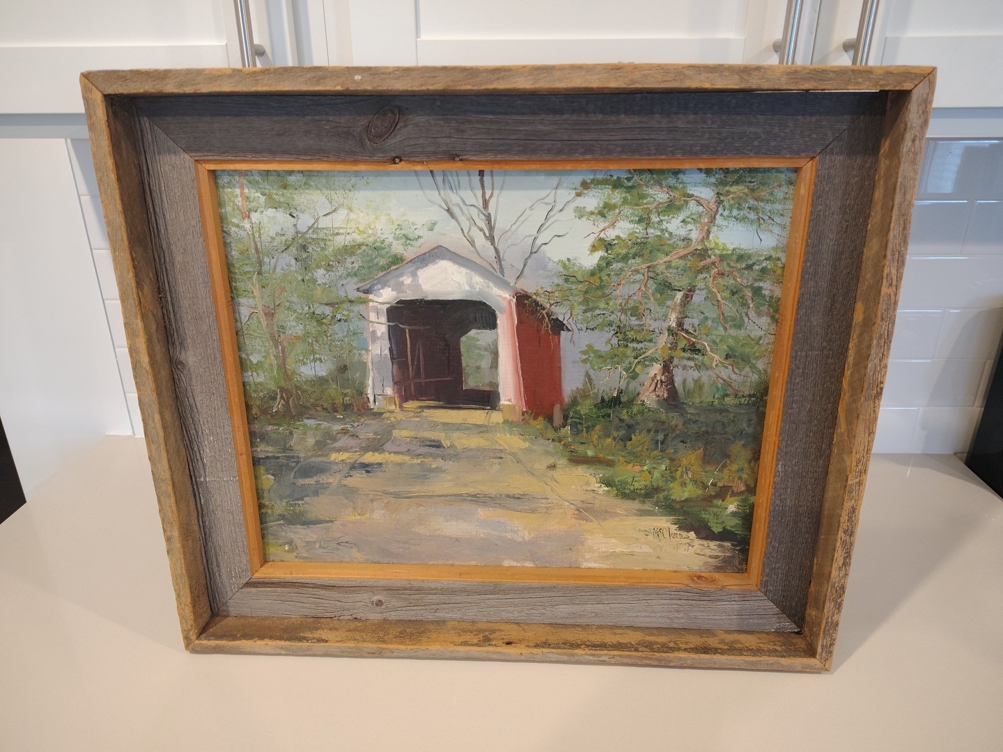 Vintage Original Signed McClure Covered Bridge Oil Painting on Canvas