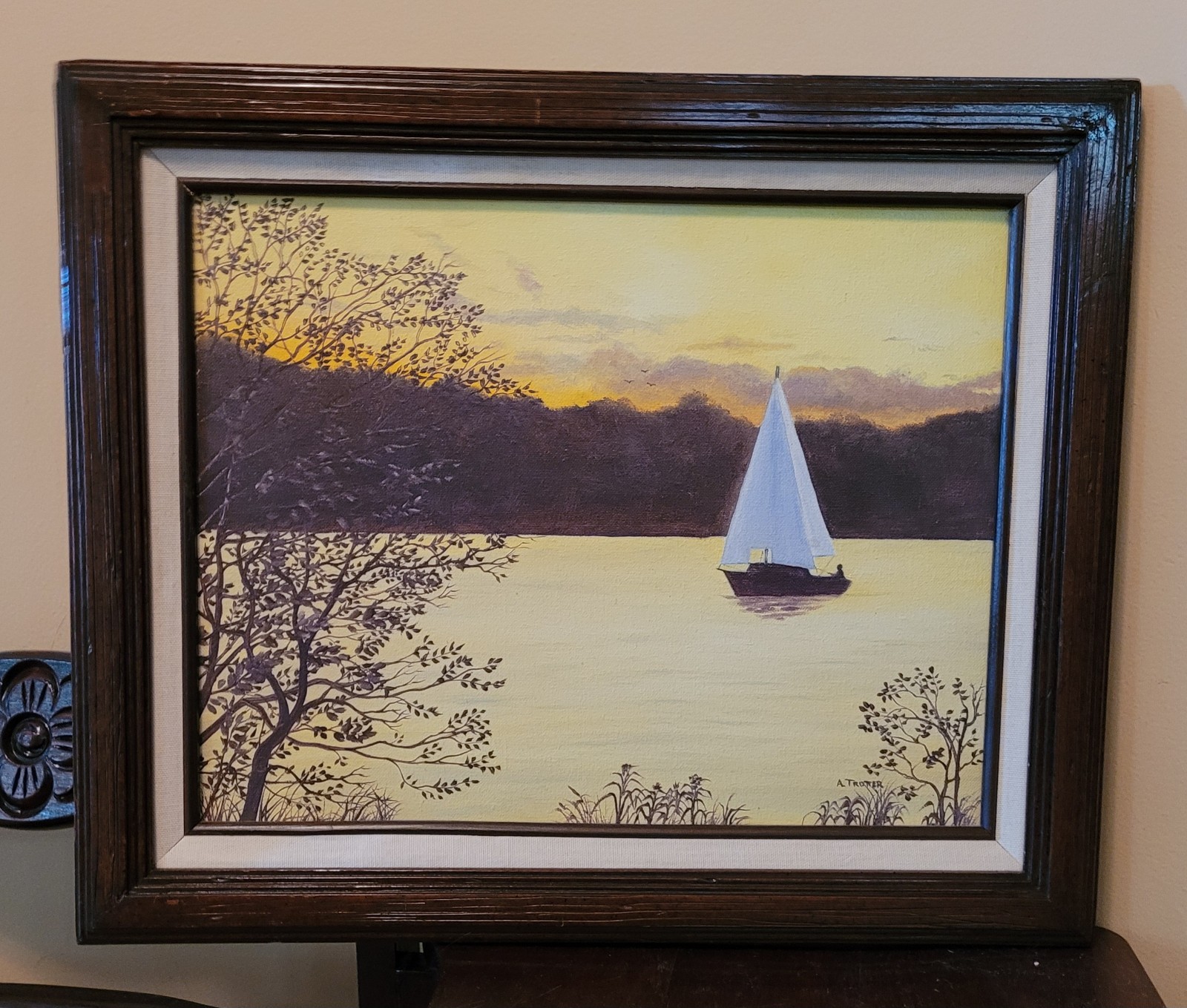 Vintage Golden Sunset while Sailing Oil On Canvas Signed A. Trotter 17.5″×14.5″