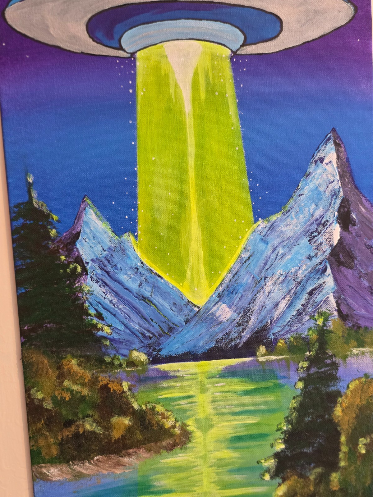 Original SciFi UFO Painting Acrylic Canvas Alien Wall Art 12×24