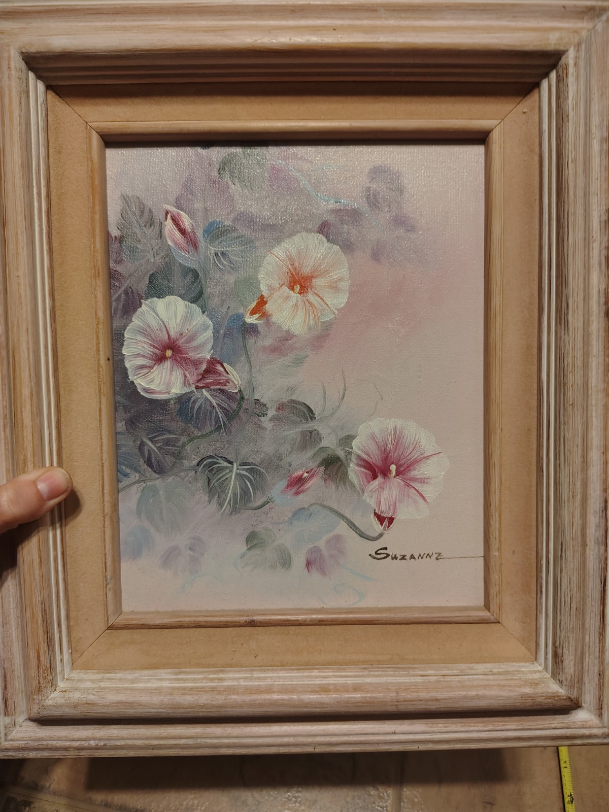 Vintage Painting Floral Morning Glory Framed Signed Suzanne 15.5×13.5 Inches