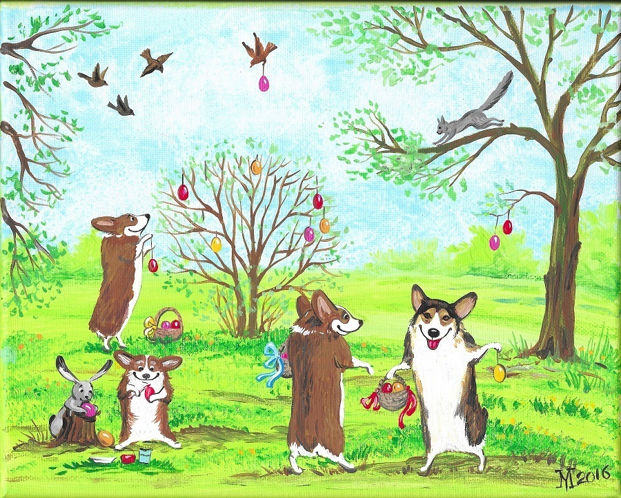 5×7 PRINT OF PAINTING PEMBROKE WELSH TRI-COLOR CORGI RYTA EASTER egg hunt dog 🌺