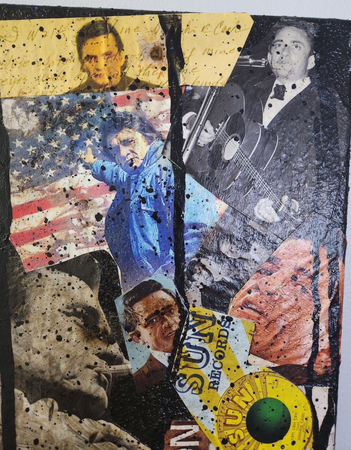 Large Johnny Cash Acrylic Paintin Collage Art. Heavily Textured & Burned! 16X20