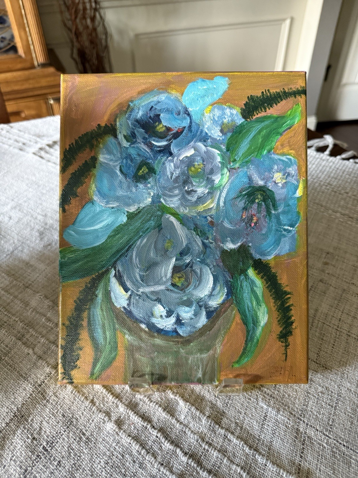 Original Floral Painting On stretched Canvas In Shades Of Blue 8” X 10”