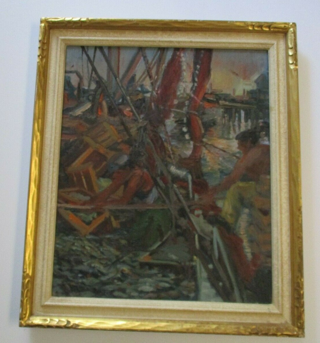 VINTAGE INDUSTRIAL PAINTING MARINA WORKERS CONSTRUCTION NAUTICAL PORT BOAT SHIP