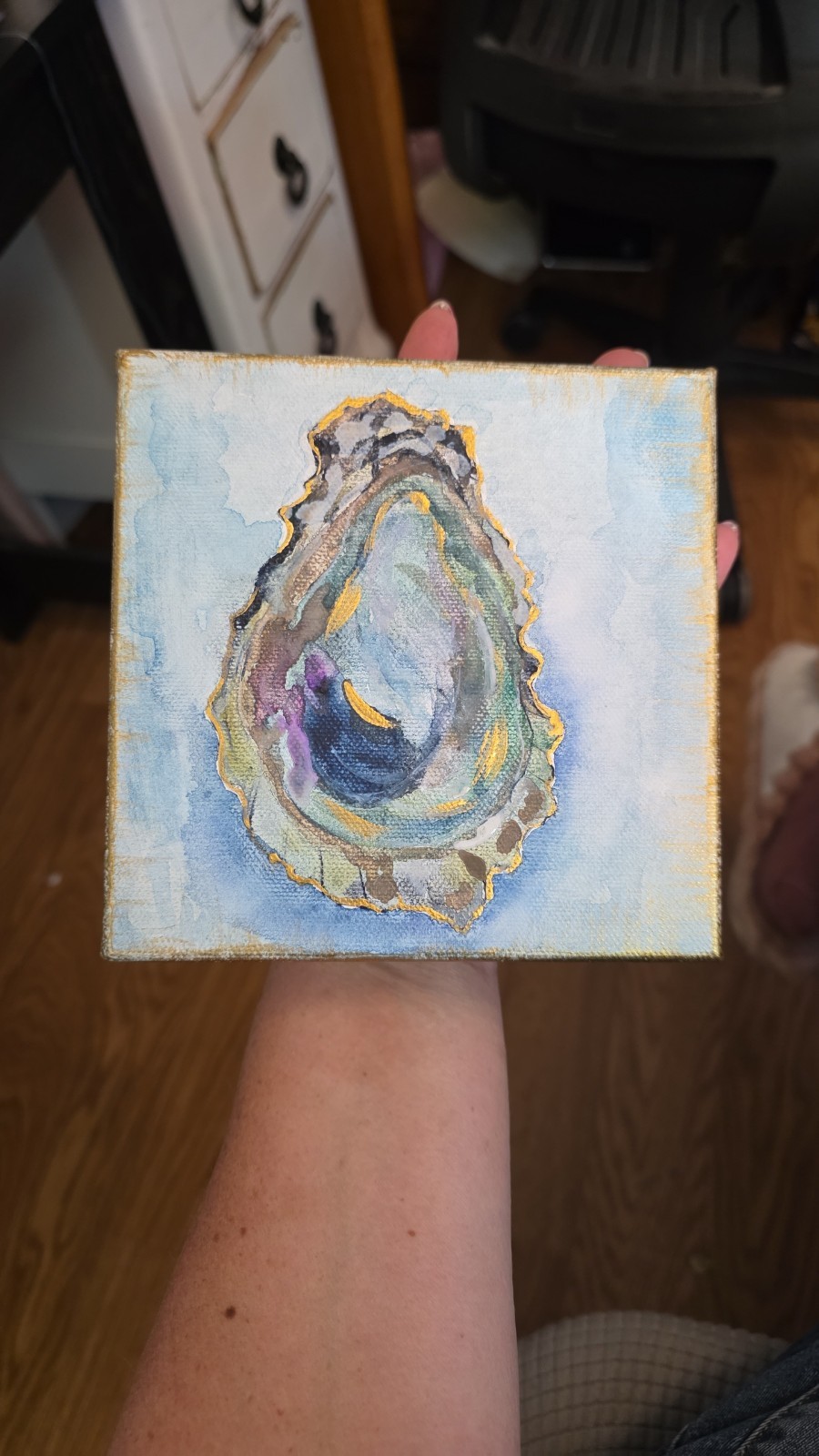 6×6 Original Oyster Shell Painting Small watercolor on Canvas