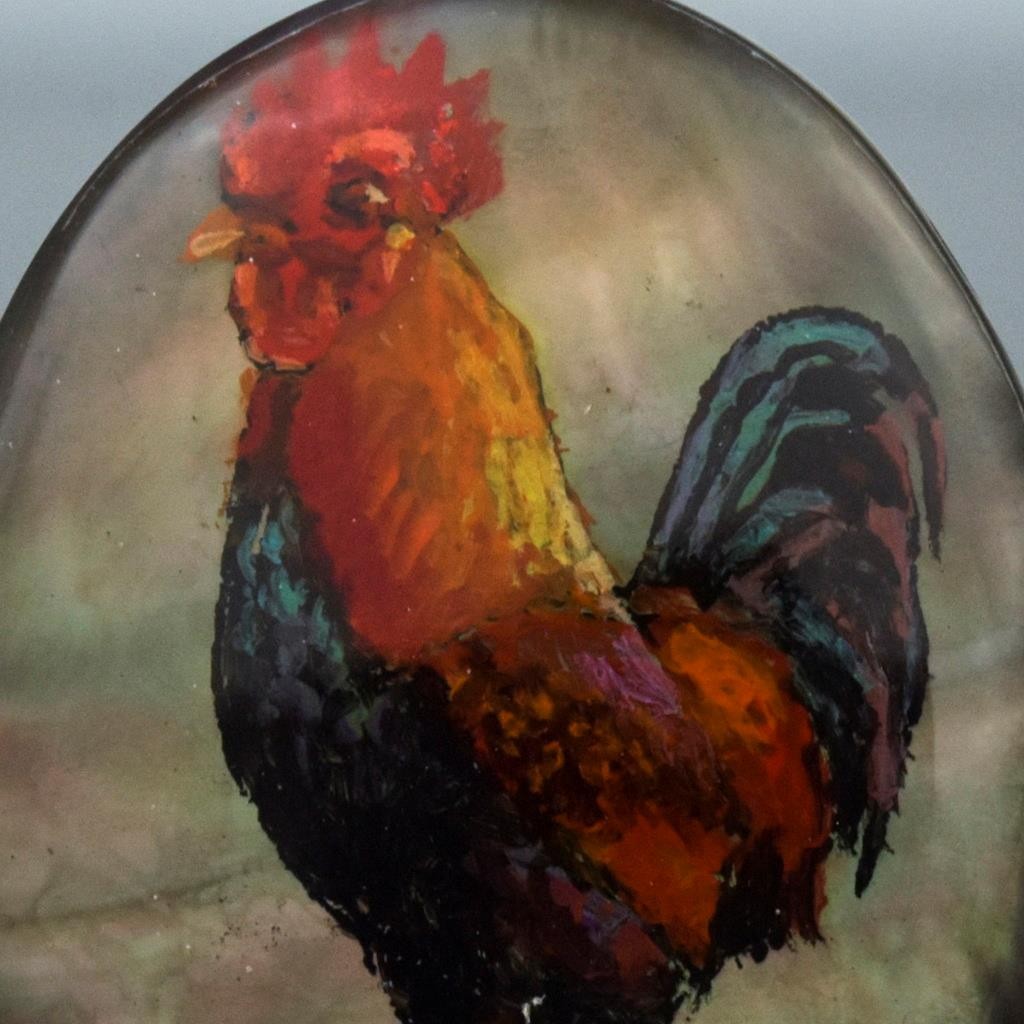 Rooster Original Artisan Painted Mother-of-Pearl Shell Oval Cabochon 35x26mm