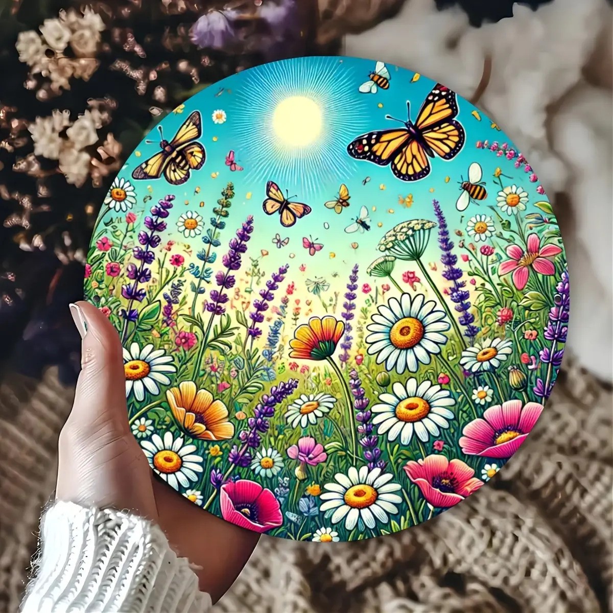 7.87inch Vibrant Wildflower Meadow Sunlight Round Aluminum Wall Art Waterproof