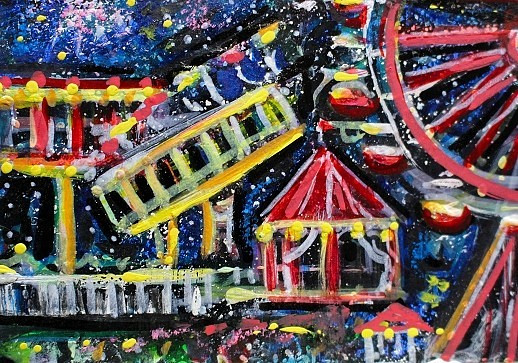 ORIGINAL ACEO Painting CARNIVAL Fair Amusement Park Fireworks Rides Fun ATC ART
