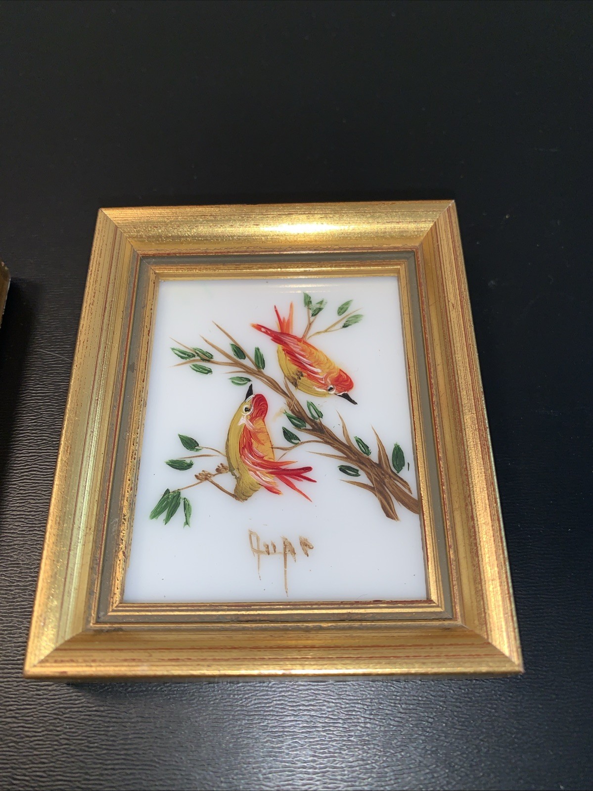 Vintage MCM Set of 4 Small Verilyn Gallery Bird Paintings on Glass Spain
