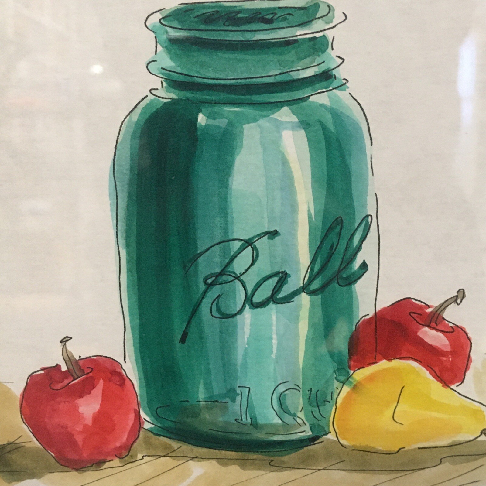 Nancy Cowan Signed Matted Framed Watercolor Blue Green Ball Jar Apple and Pear