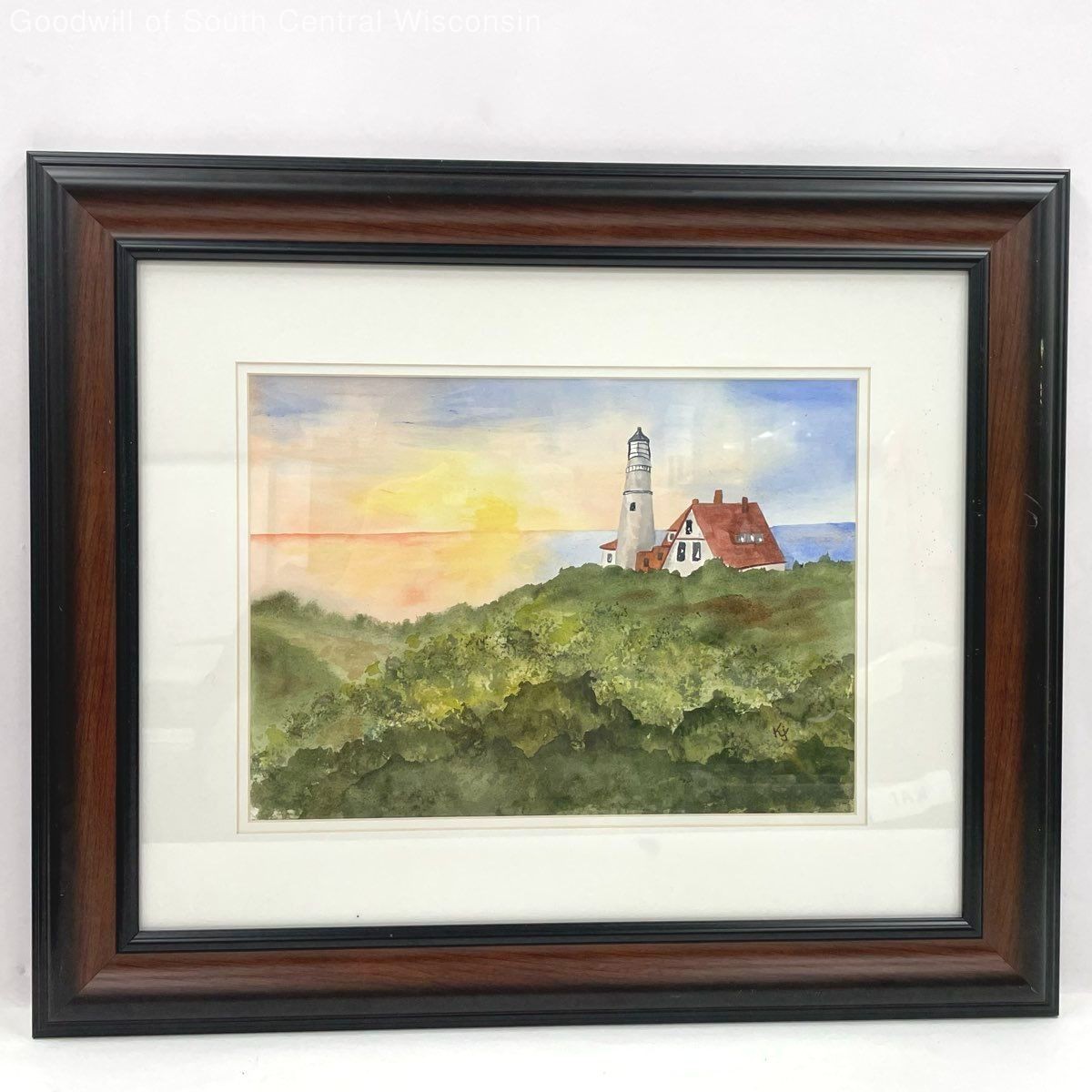 Signed KJ Kathleen Framed Watercolor Painting Lighthouse Ocean Sunset Landscape