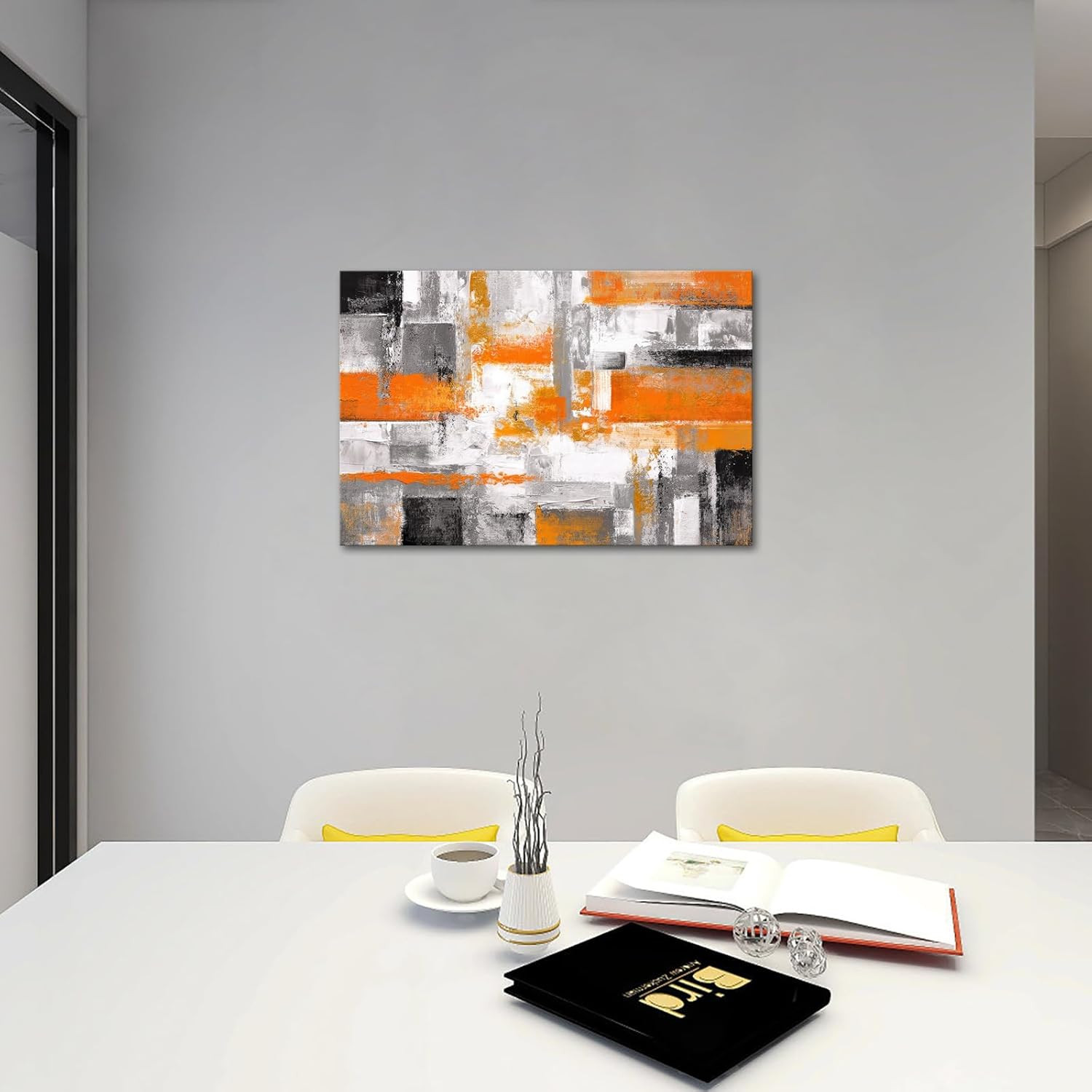 Orange Grey Geometric Canvas Art – Modern Abstract Wall Decor 24×36 Inch