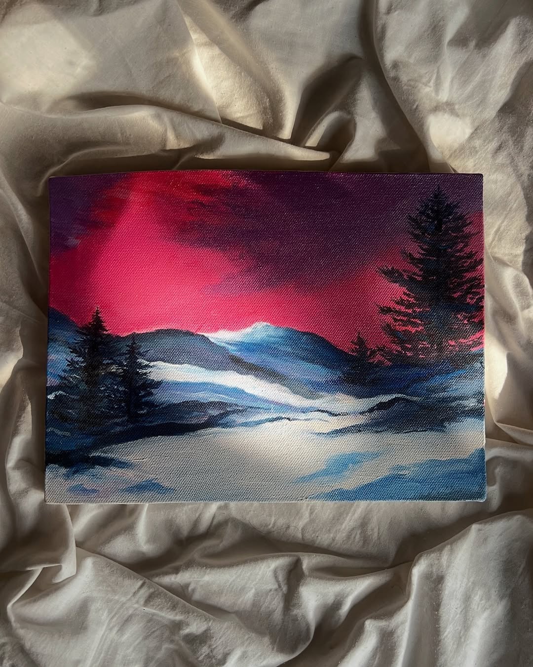 Original Aurora Borealis Winter Sunset AcryliPainting 8×10 Canvas Landscape Art