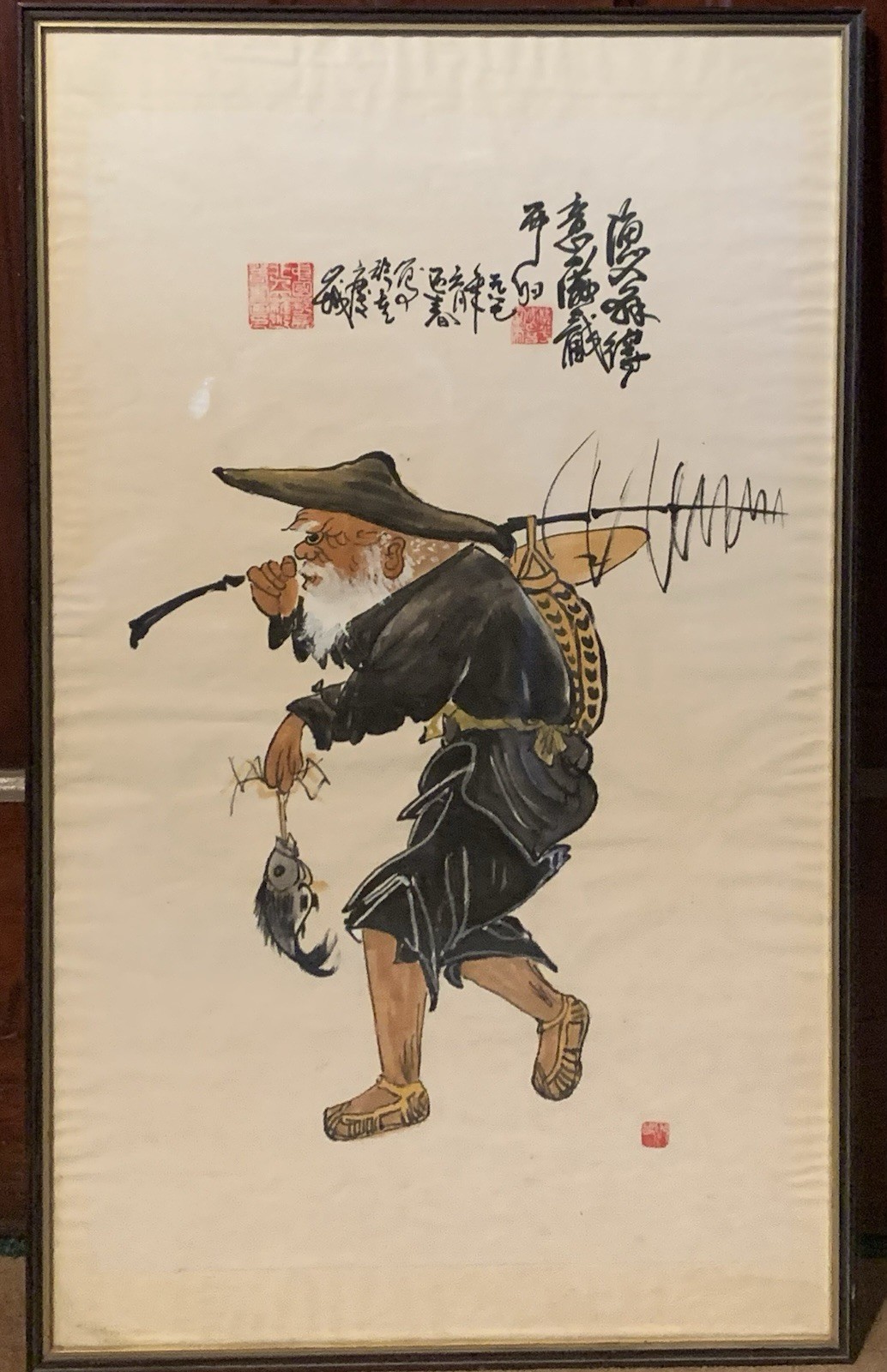 FAN ZENG Original Vintage Signed Chinese Fisherman Portrait Watercolor Painting