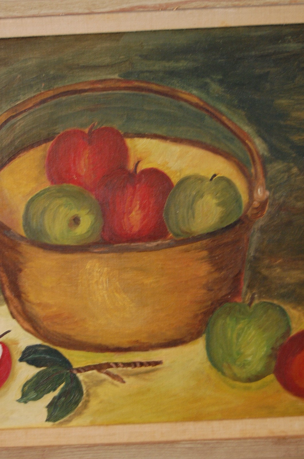 VTG 1950’S MCM FRAMED ORIGINAL PRIMITIVE FOLK ART OIL APPLES & POT A STILL LIFE