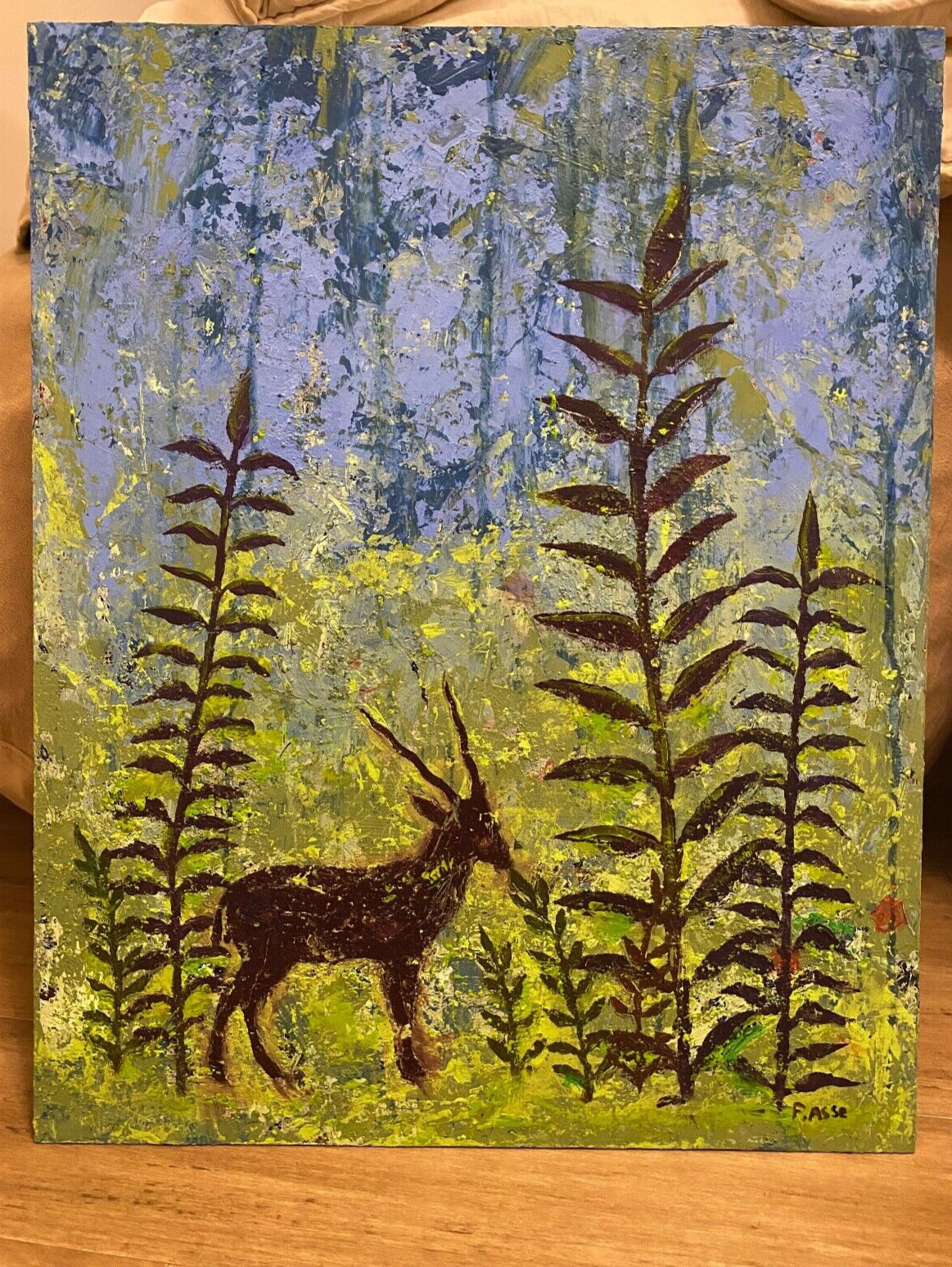 «The Encounter» antelope in an forest Mixed Media on hardboard 20 x 16