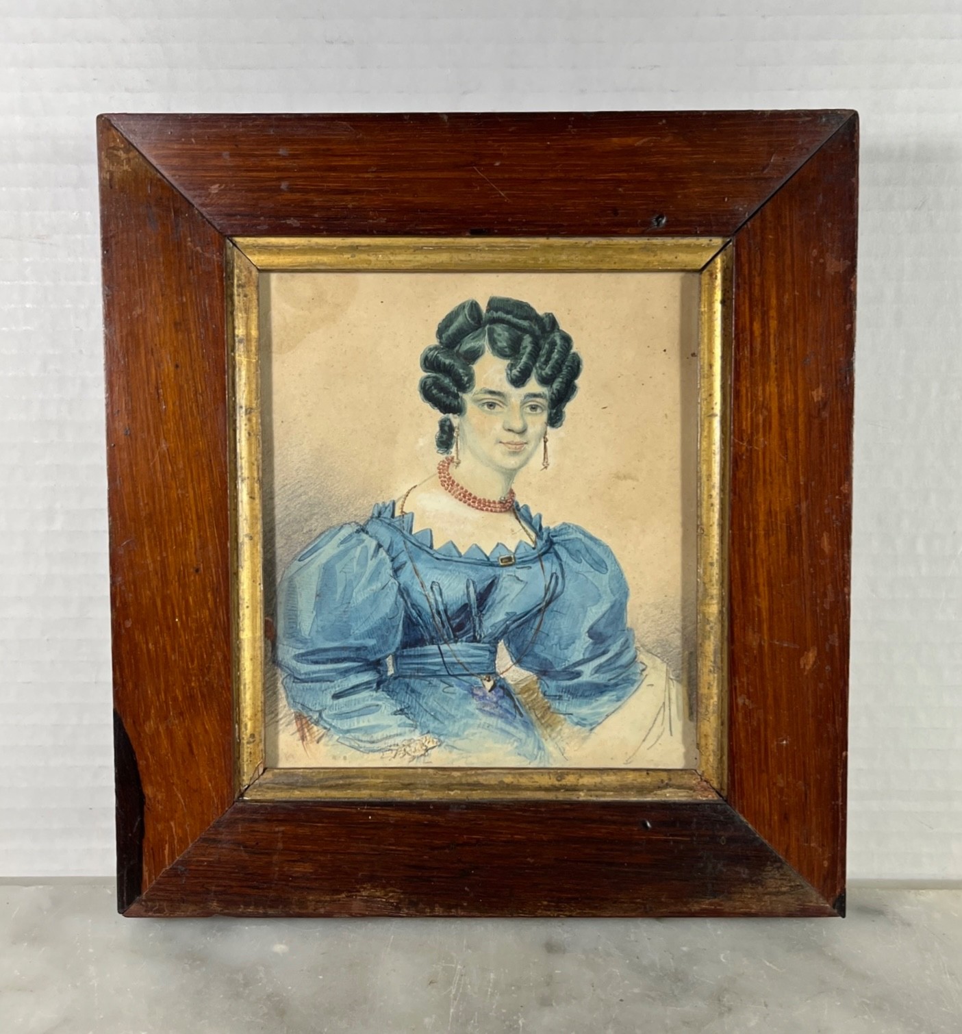 Antique 1830s Colored Lithograph portrait young Woman Wood Framed 7”x 8”