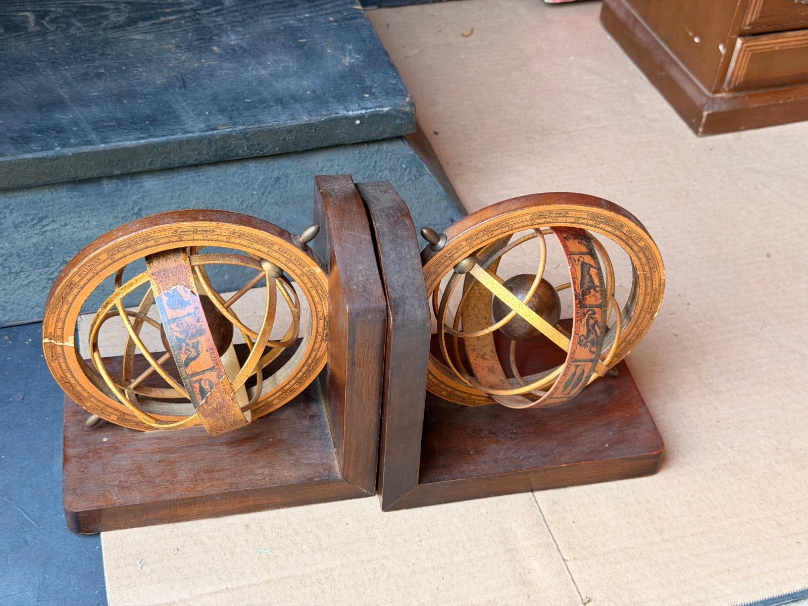 Vintage Wood Armillary Sphere Bookends Zodiac Astrological Globe Pair 6″