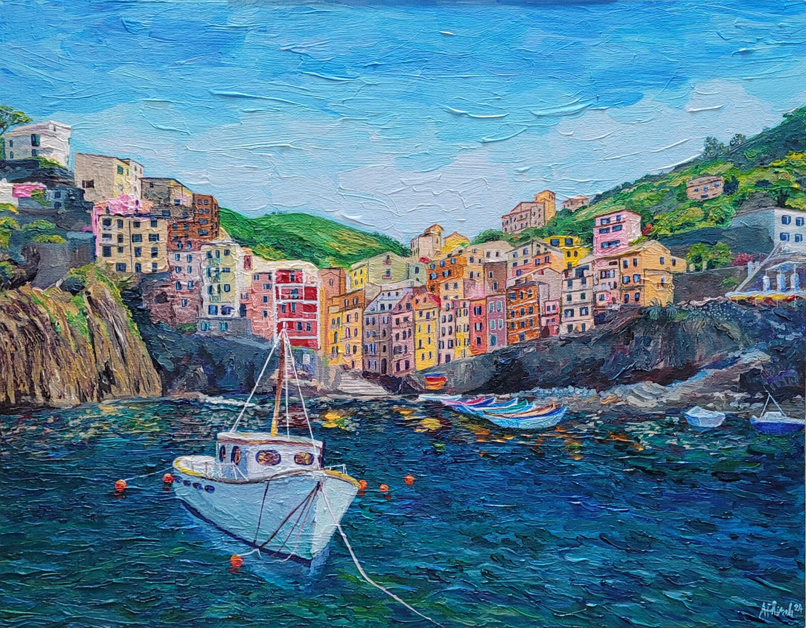 On Sale Original Cinque Terre Italy Acrylic Painting Canvas Panel 18×14 inches