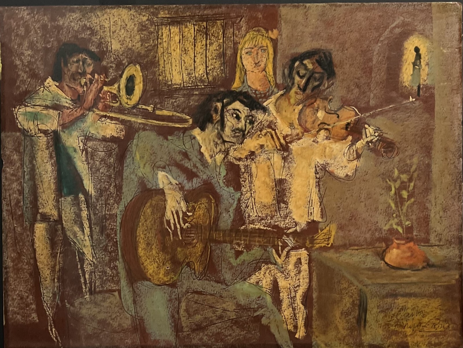 Carlos Lopez-Ruiz (1912-1972) Oil Pencil on Paper Framed Stunning Details