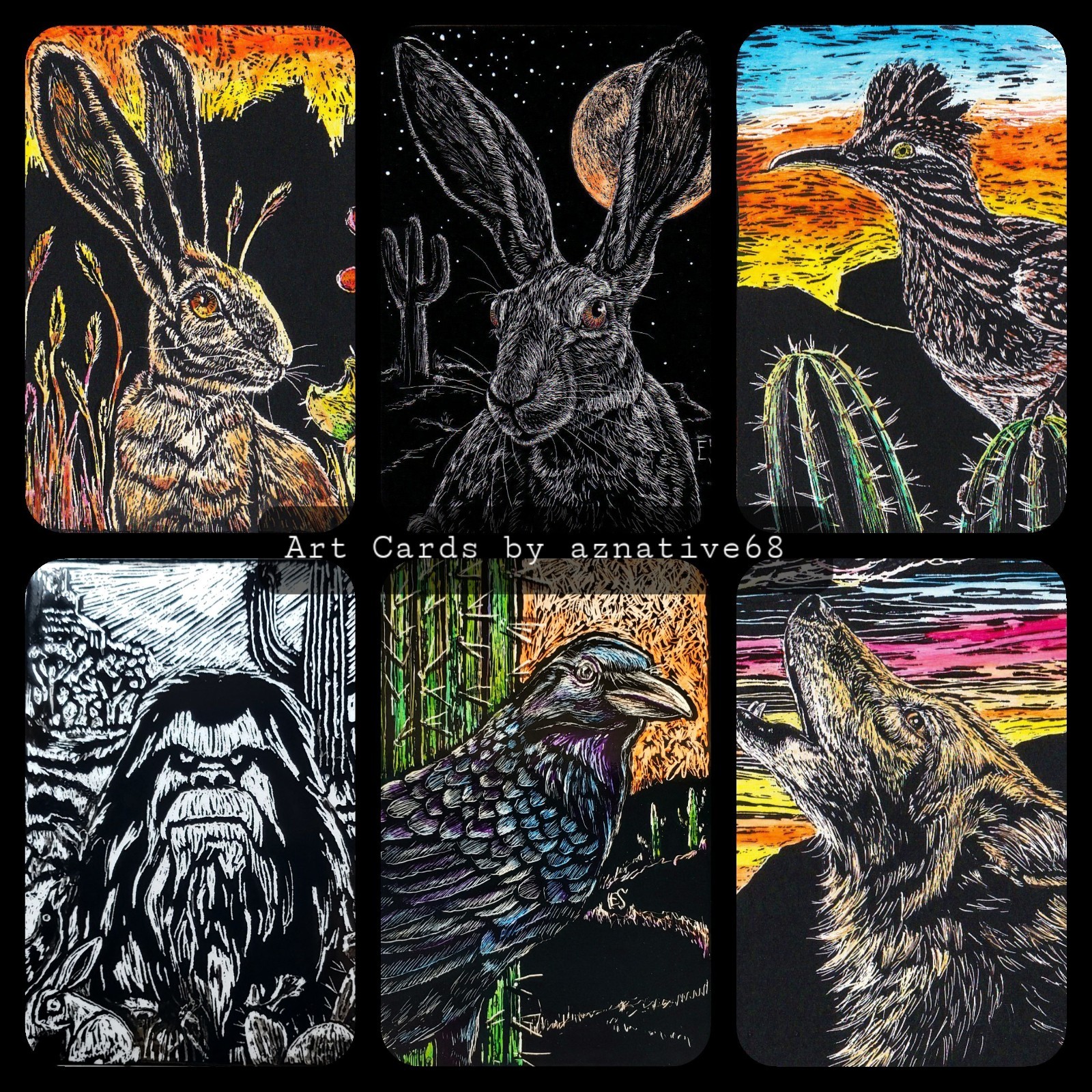 Landscape Original ACEO Moon Deer Cabin Campfire Mountain Scratchboard Art Card