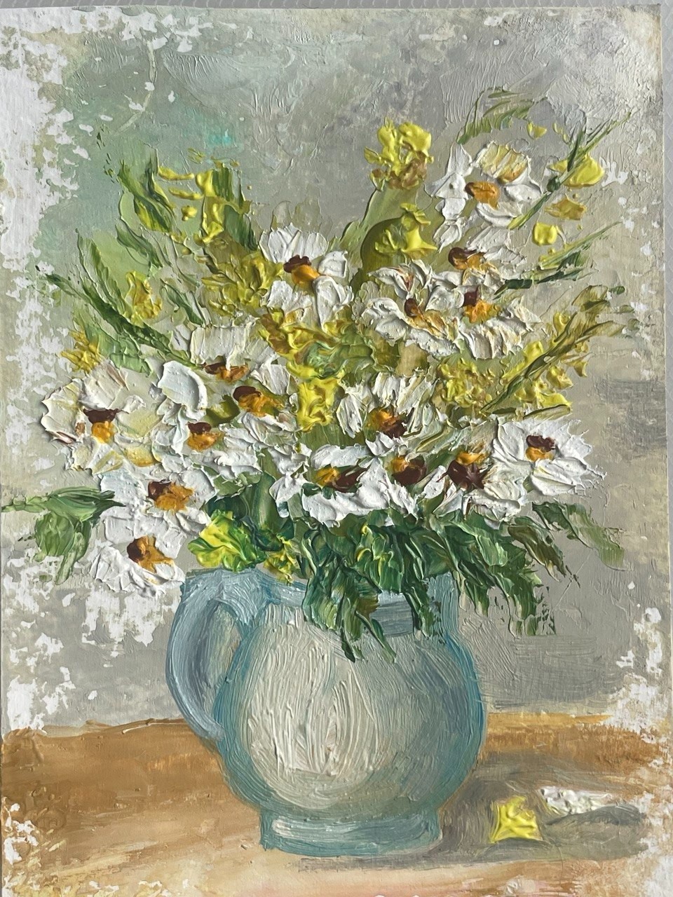 ACEO Original Oil Painting White Daisies Bouquet Blue Vase Miniature Impasto Art