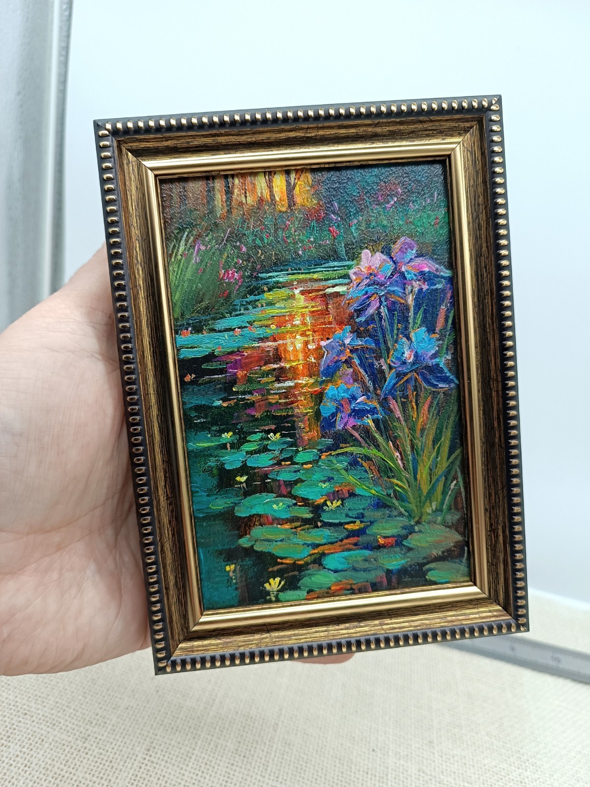 Iris Lake Original Oil Painting 6×4 Framed Signed Sunset Flowers Landscape Art