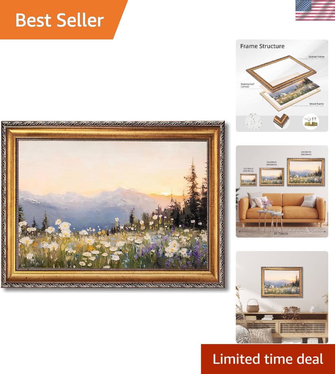 Vintage Wildflower Sunset Mountain Wall Art Retro Floral Landscape Oil Painti…