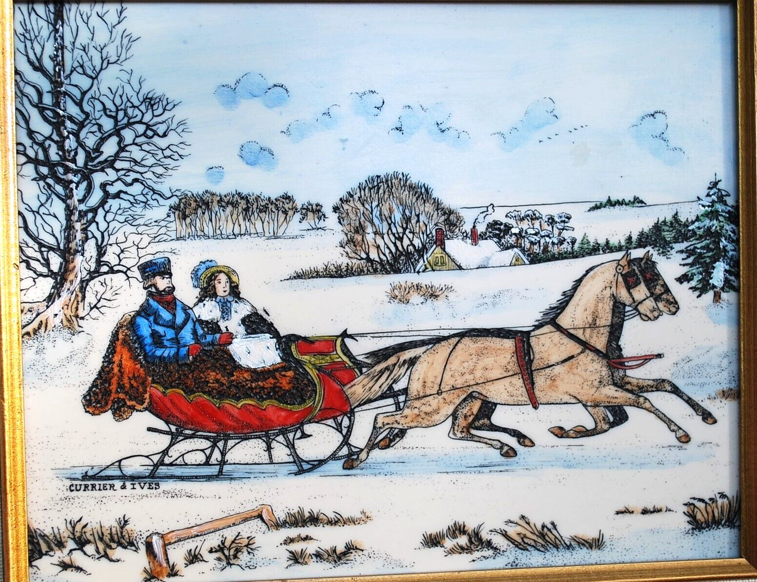 Hand Colored RARE Currier & Ives ARTINI ENGRAVING ‘THE ROAD WINTER’ Framed 17.5″