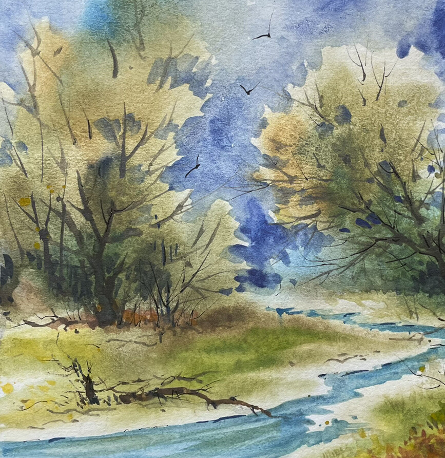 7”x10” Original Pamela Wilhelm watercolor River Bend Fallen Tree Landscape
